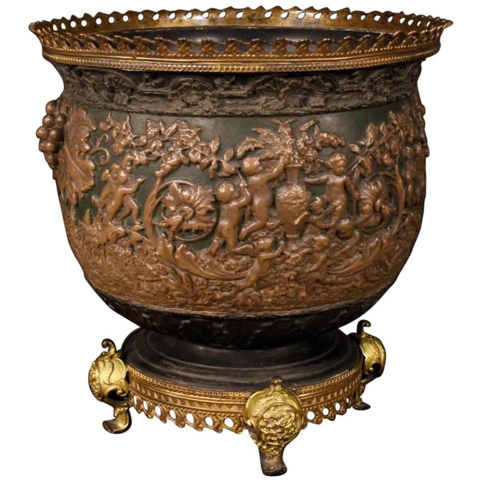 19th Century Chiseled and Painted Bronze, Brass, Scagliola French Vase, 1880