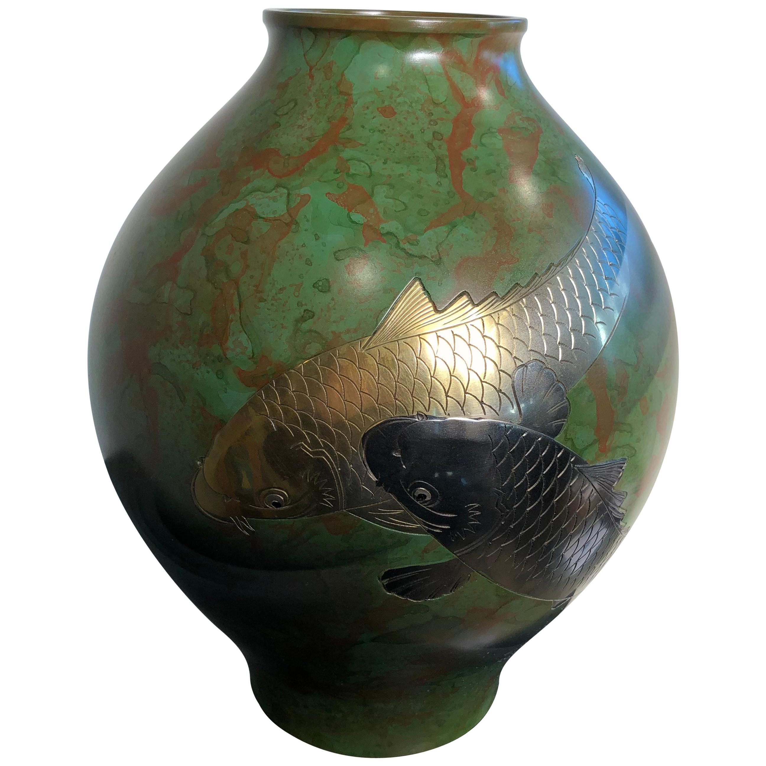 Japanese Fine "Double Koi" Hand Cast Gold and Silver Bronze Vase, Vibrant Colors