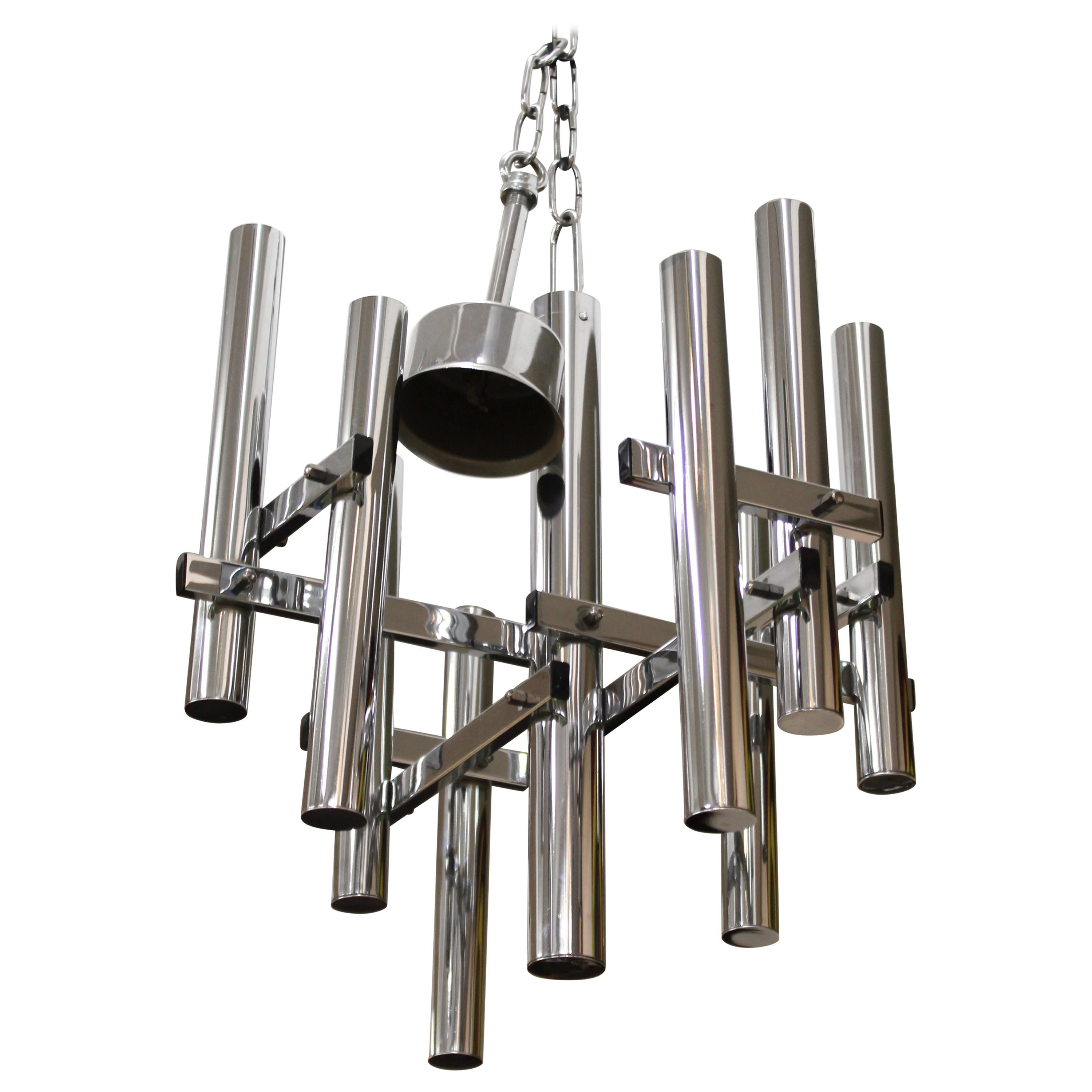 Gaetano Sciolari Style Tubular Chrome Chandelier