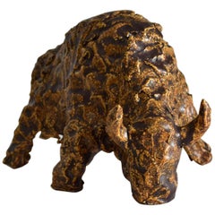 1980s Hand Formed Sculpture of a Grazing Bull in Ceramic