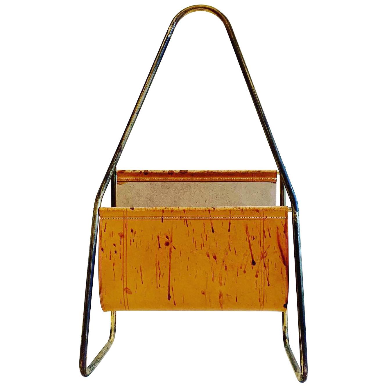 Austrian Leather and Brass Magazine Rack by Carl Auböck, 1950s For Sale