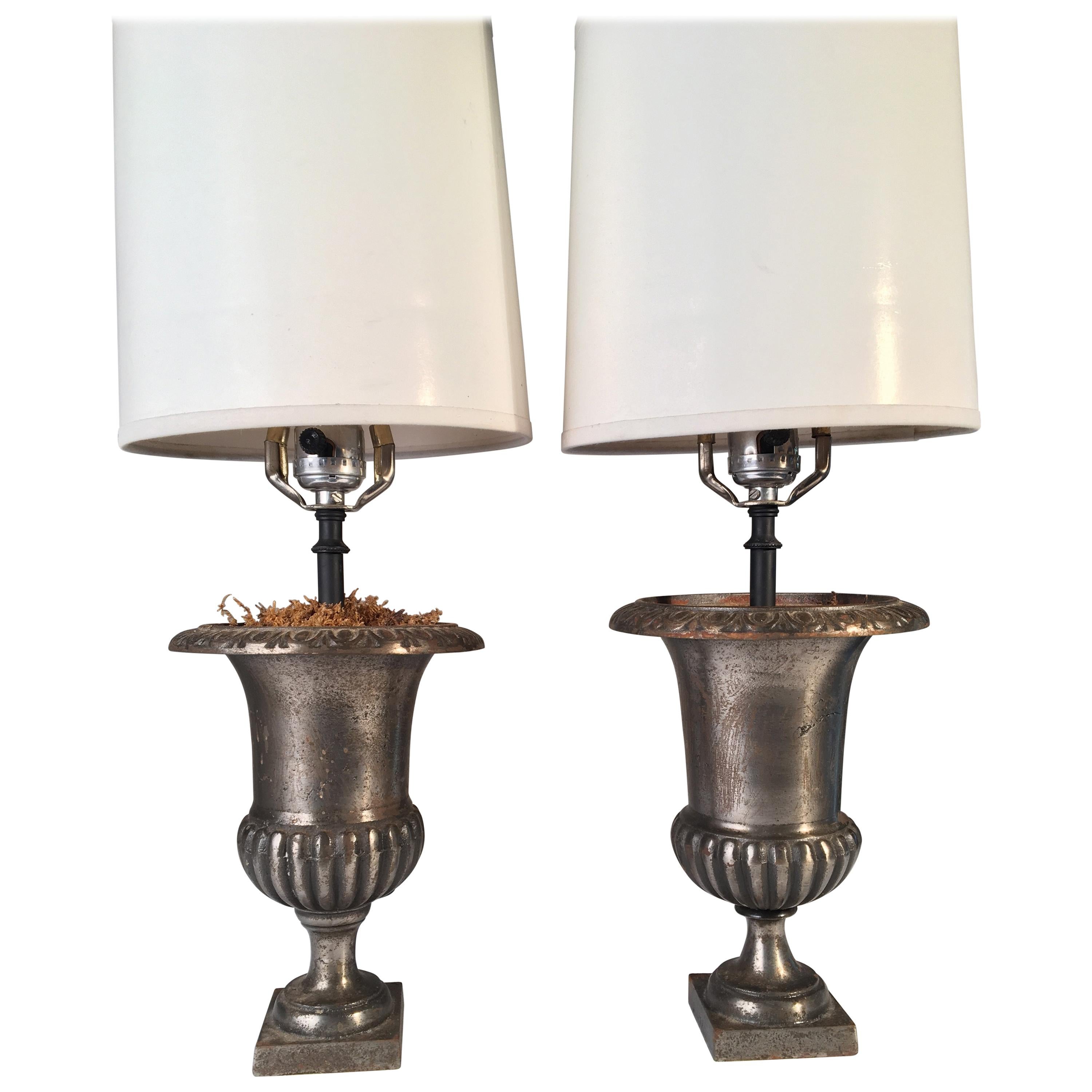 Pair of Polished Steel Urn Lamps