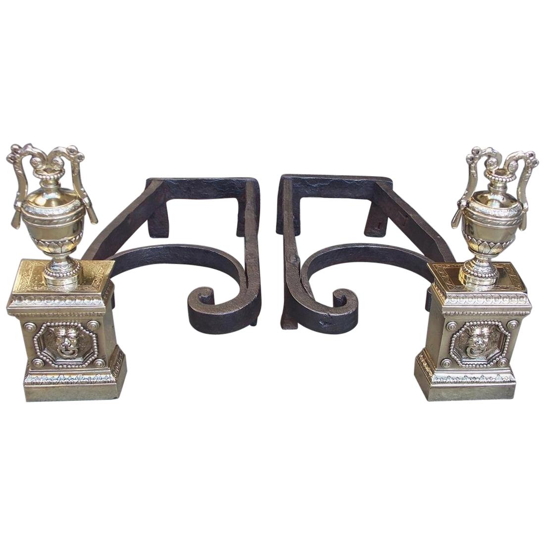 Pair of French Brass and Wrought Iron Lion and Foliage Urn Andirons, Circa 1790 For Sale