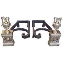 Antique Pair of French Brass and Wrought Iron Lion and Foliage Urn Andirons, Circa 1790