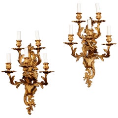 Four French Large 19th Century Gilt Bronze Five-Light Appliques or Wall Lights