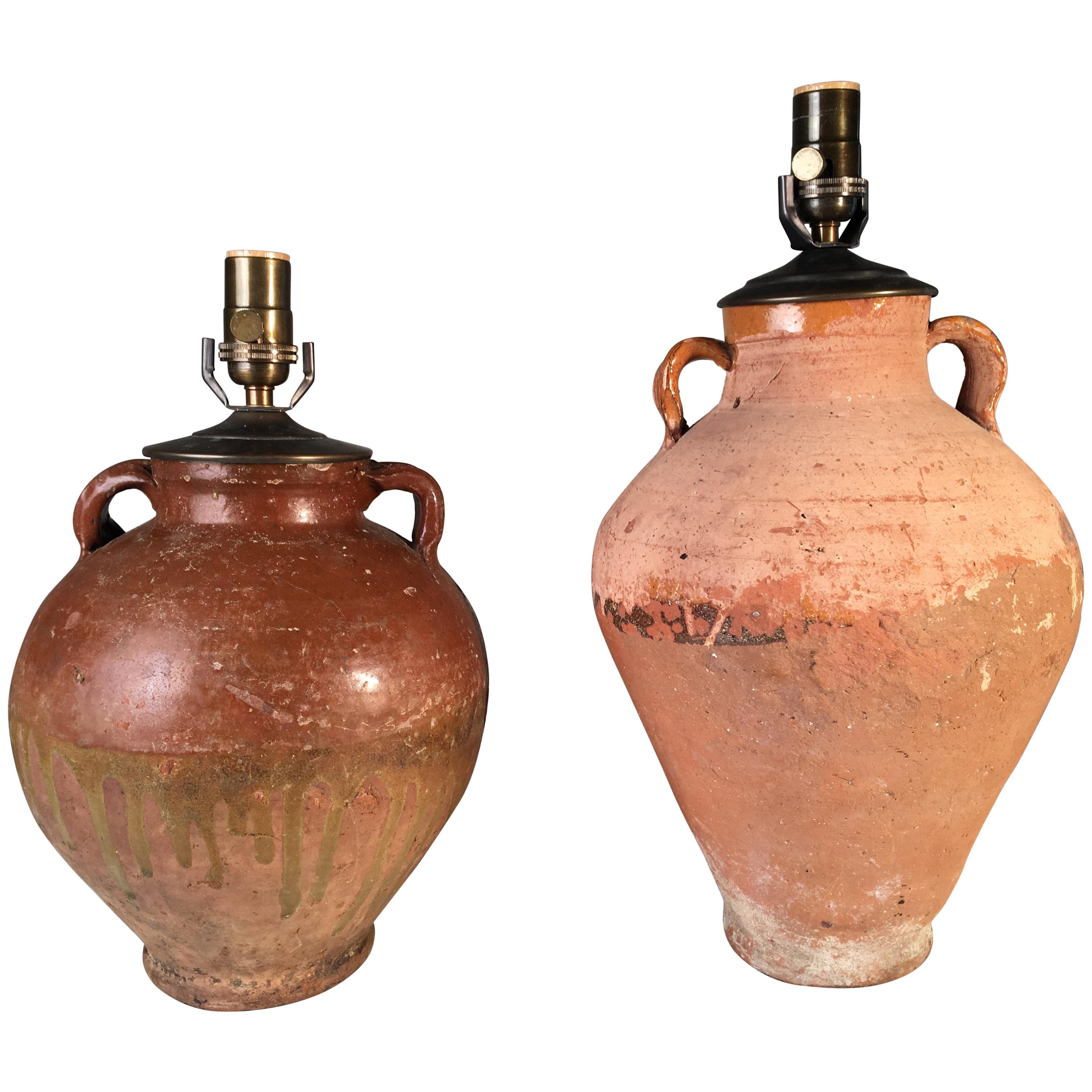 Two Antique Terracotta Jars as Table Lamps