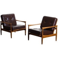 1960s, Set of Two Oak and Brown Leather Easy or Lounge Chairs by Erik Wörtz