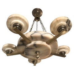 Stunning and Timeless Alabaster and Brass Five-Arm Art Deco Pendant / Chandelier