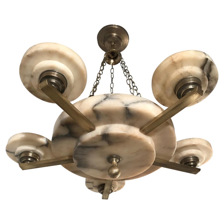 Stunning And Timeless Alabaster And Brass Five Arm Art Deco Pendant Chandelier