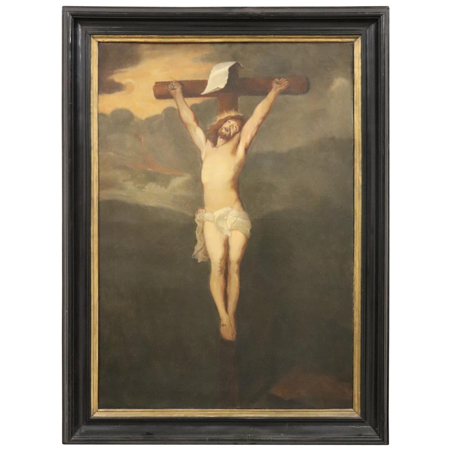 19th Century Italian Great Oil Painting on Canvas Crucifixion of Jesus