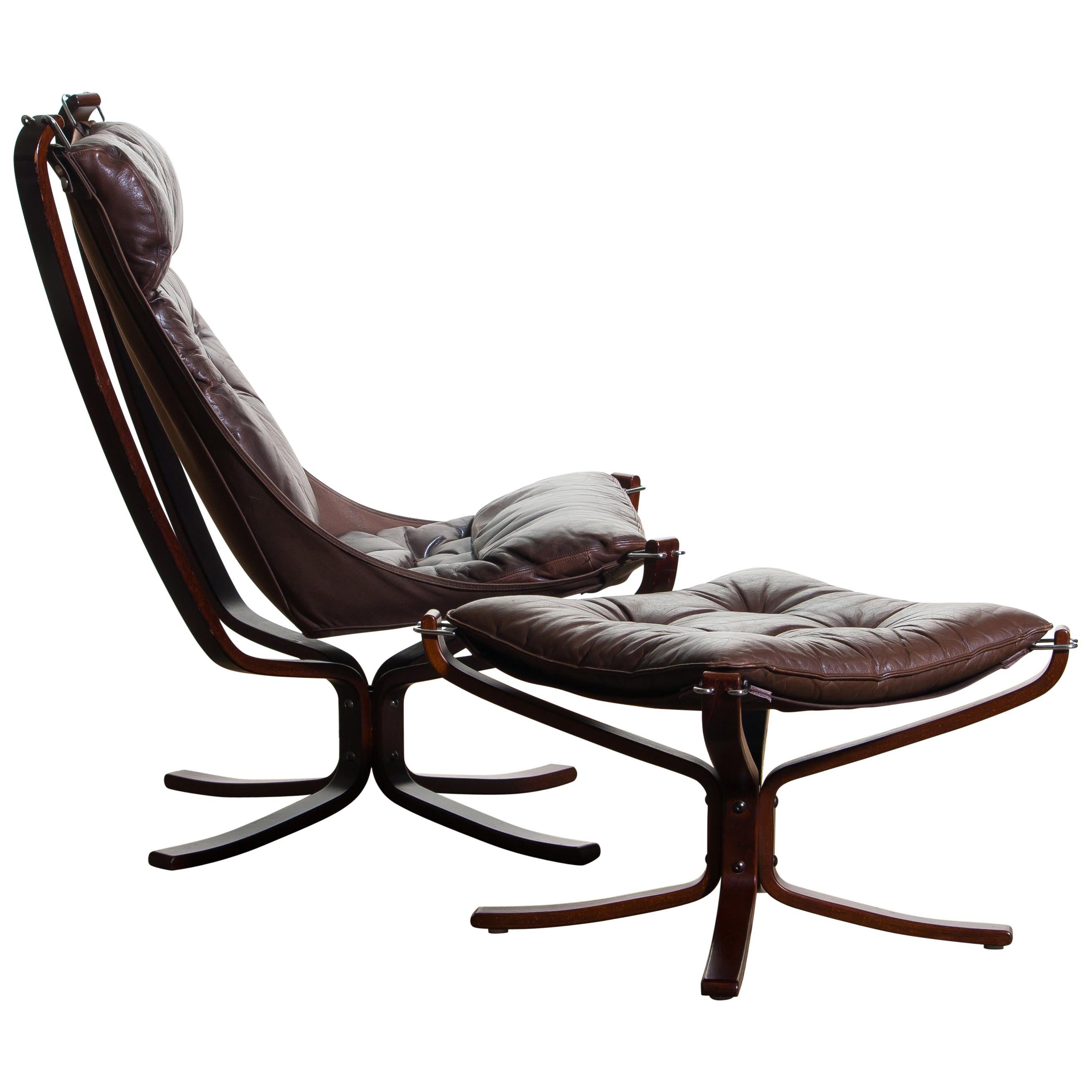 1970, Dark Brown Leather Sigurd Ressel Falcon Chair and Ottoman for Vatne Mobler