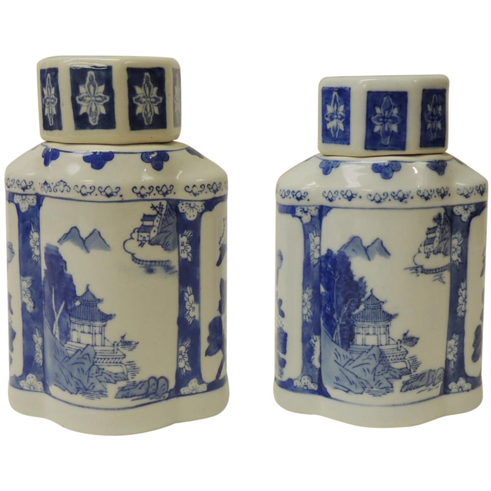 Pair of Blue and White Ceramic Asian Canisters