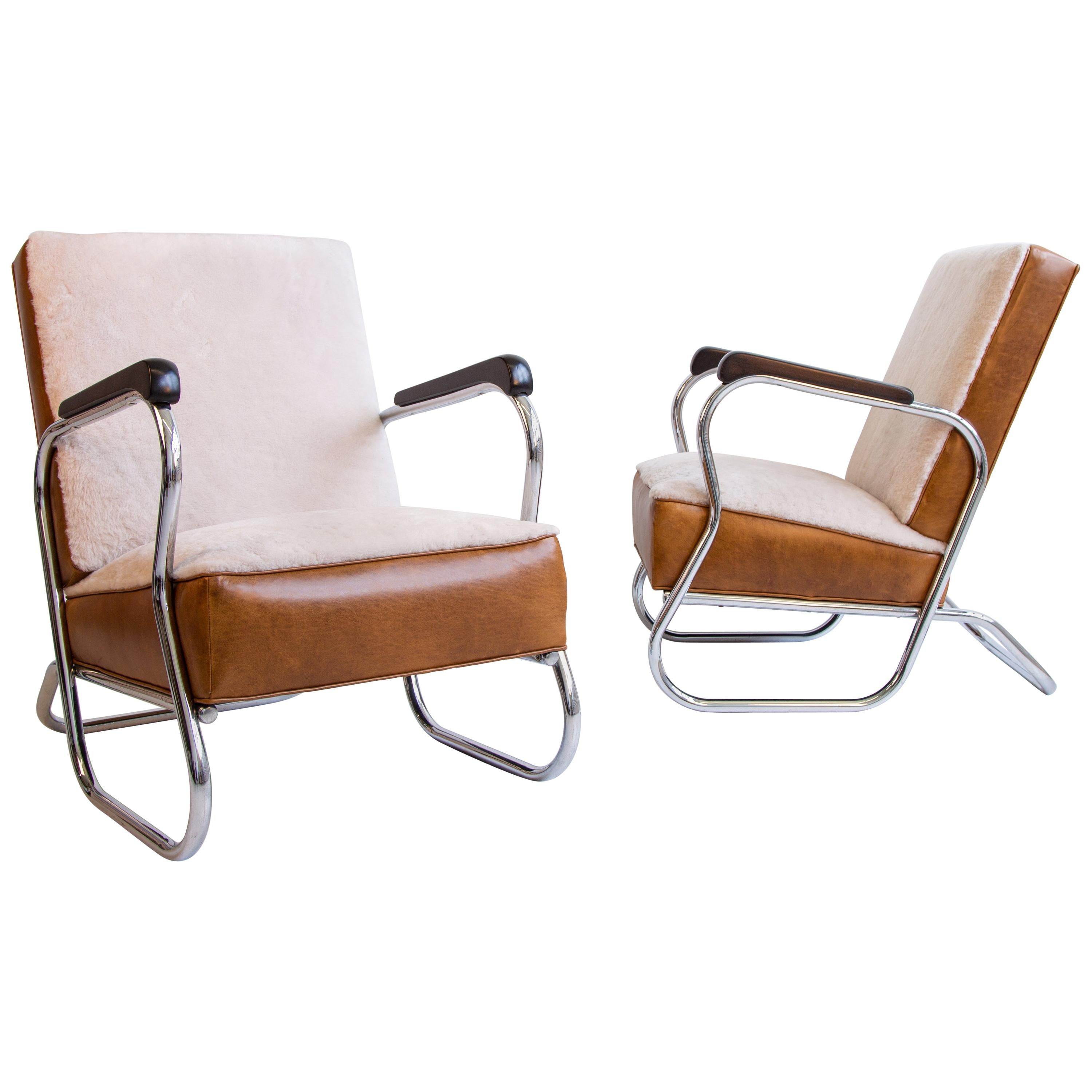 Vintage Pair of Tubular Chrome Lounge Chairs, Art Deco, American