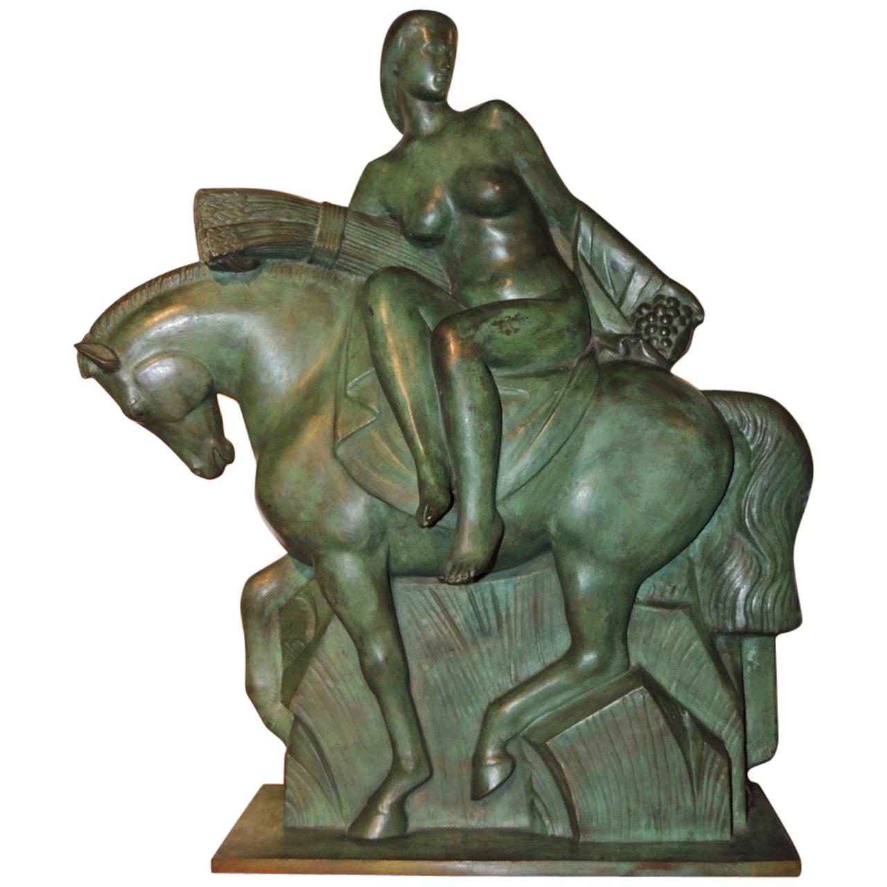 Art Deco Sculpture of a Woman on a Horse by Alphonse Darville Bronze