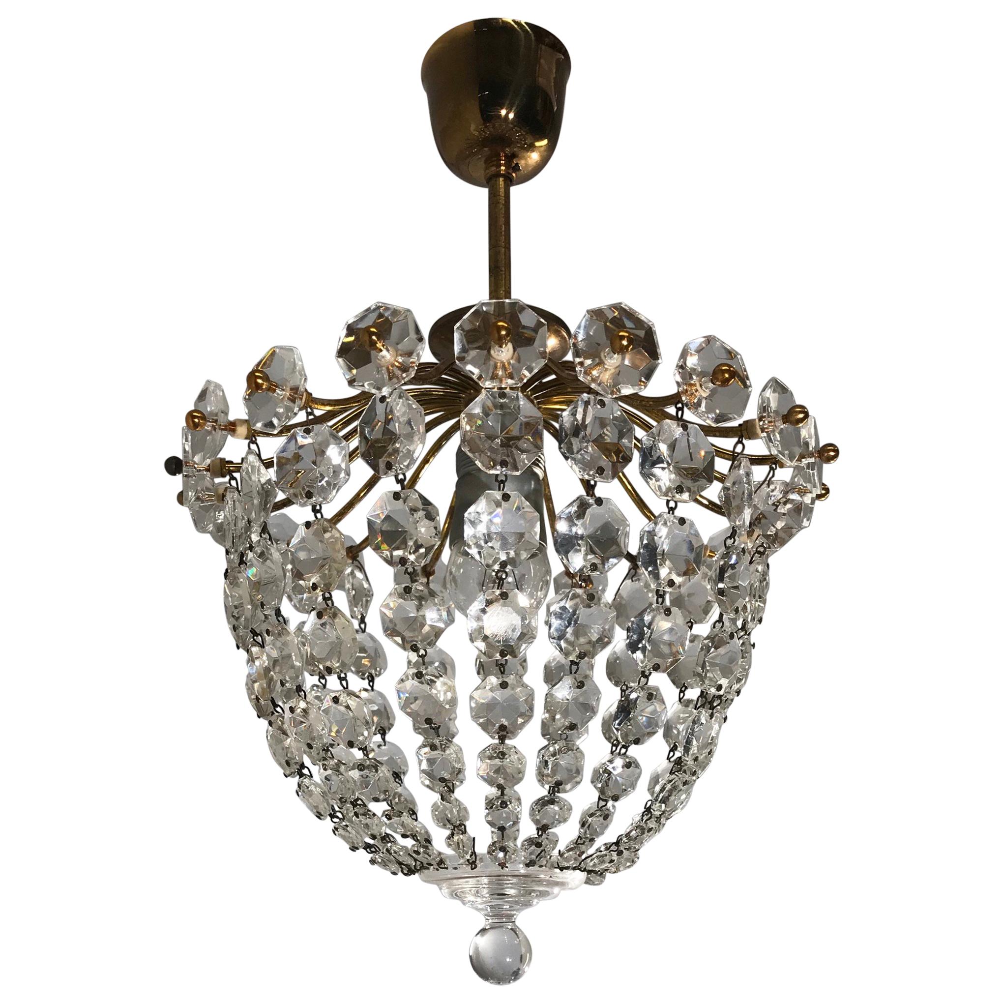Stylish Little Midcentury Brass and Crystal Glass Murano Pendant Light Fixture