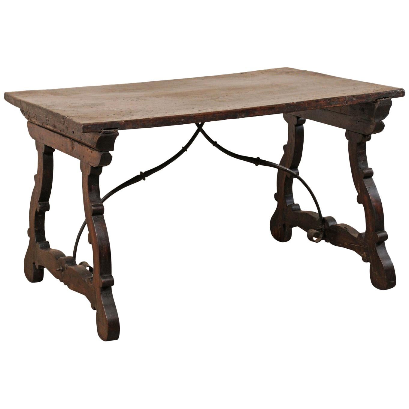 An 18th Century Walnut Wood Trestle Table with Arched Iron Stretcher from Italy