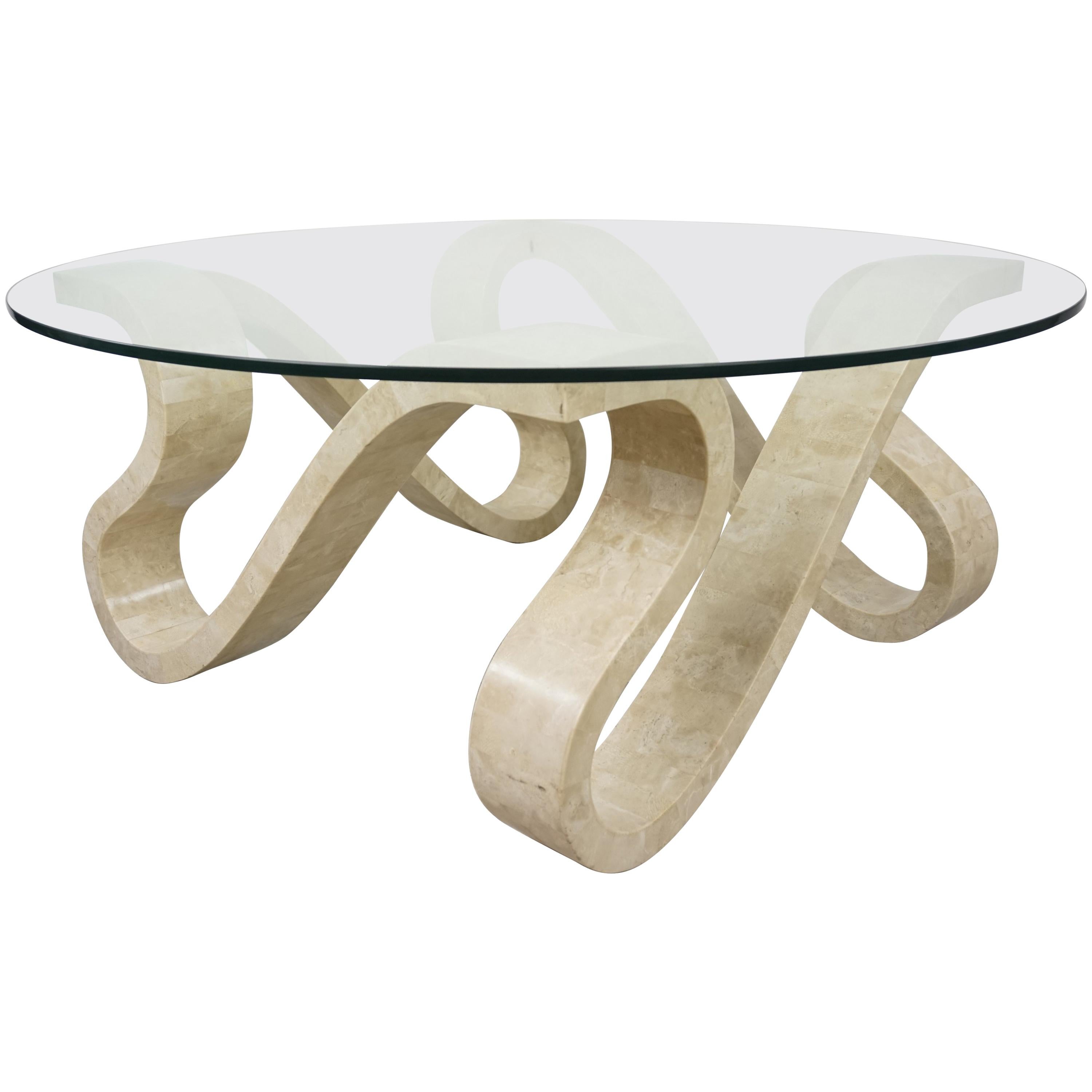 Tessellated Travertine Marquetry and Round Glass Tray Coffee Table