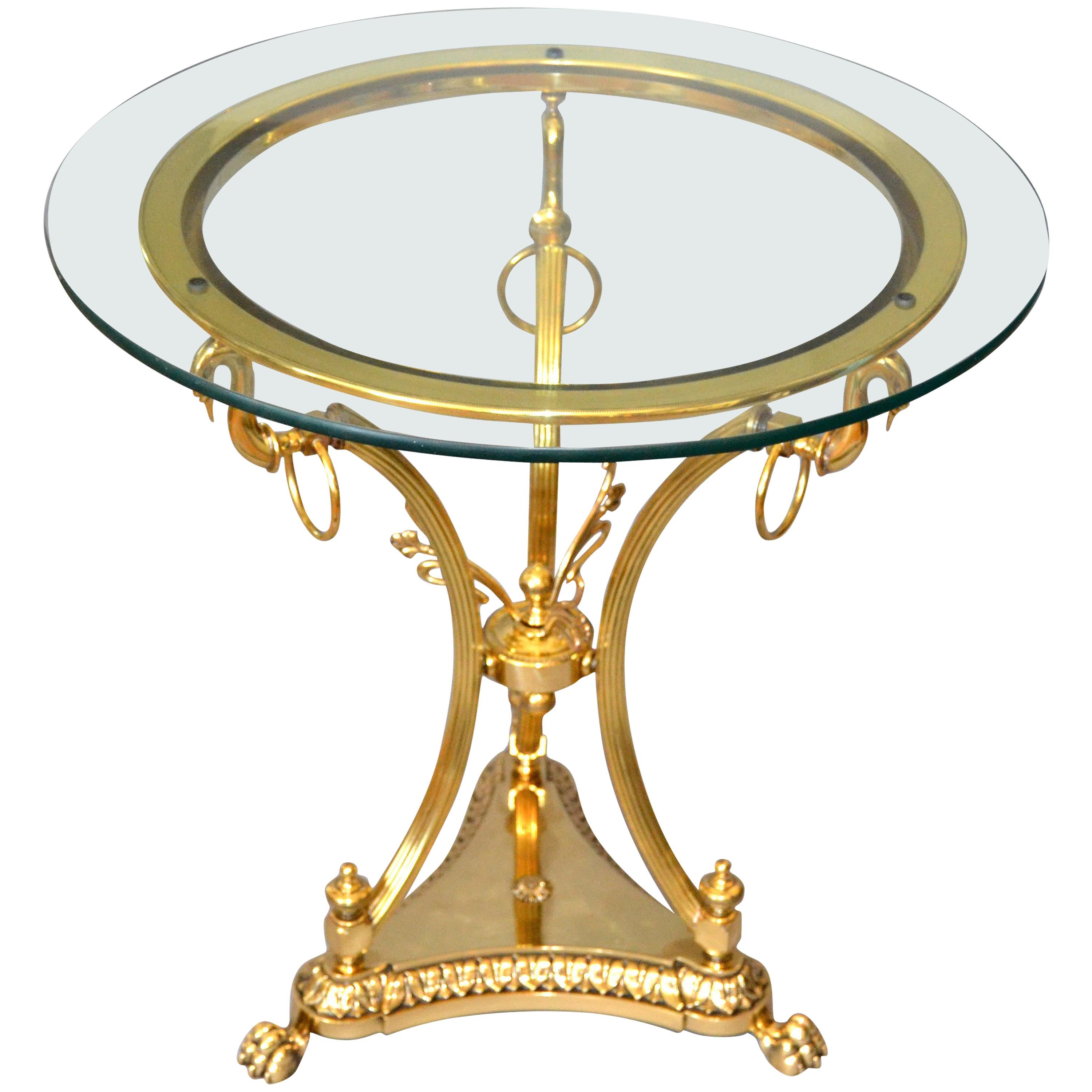Hollywood Regency Cast Brass Claw Feet Round Glass Side Table
