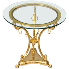 Hollywood Regency Cast Brass Claw Feet Round Glass Side Table