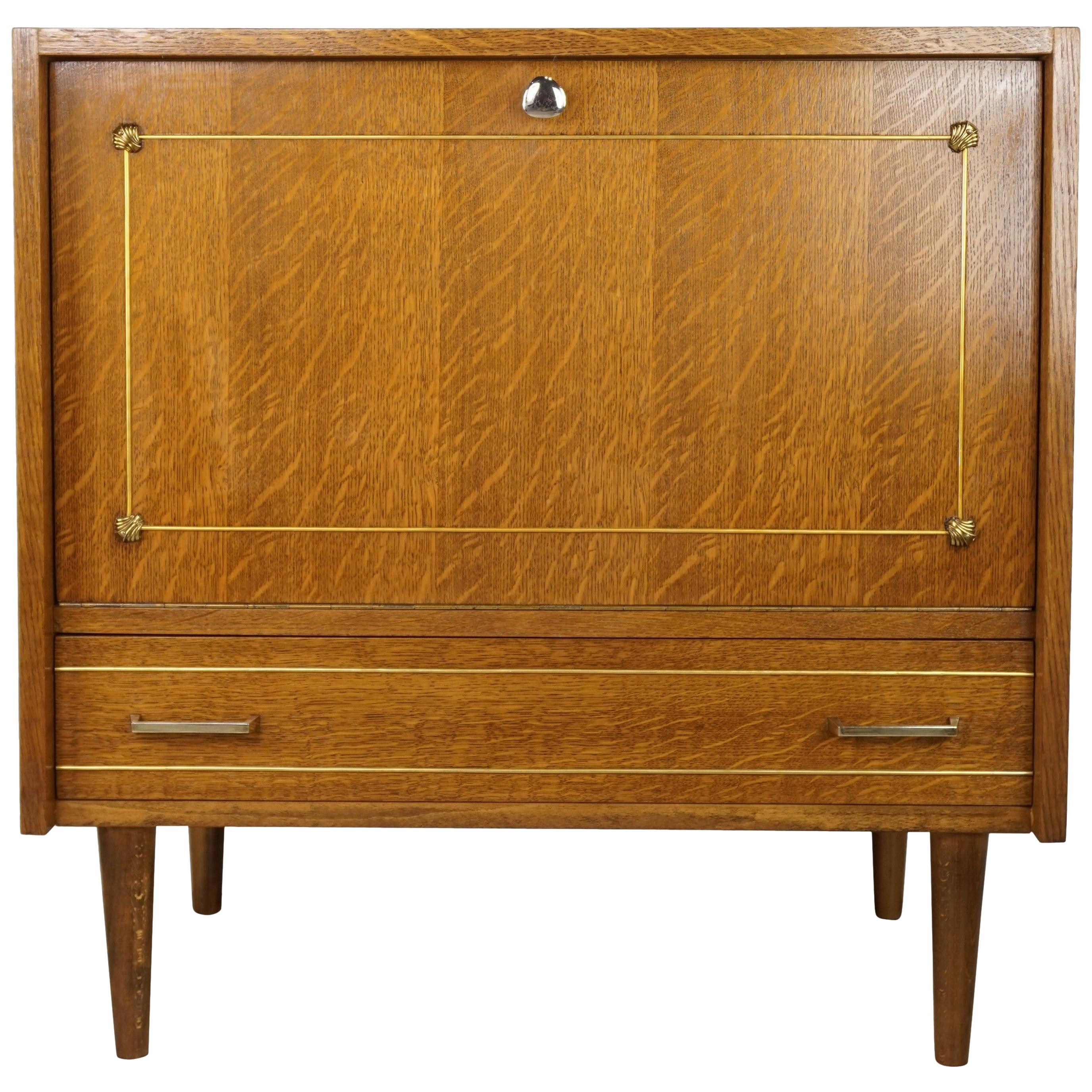 1950s, French Design Oak Wooden and Brass Bar Cabinet