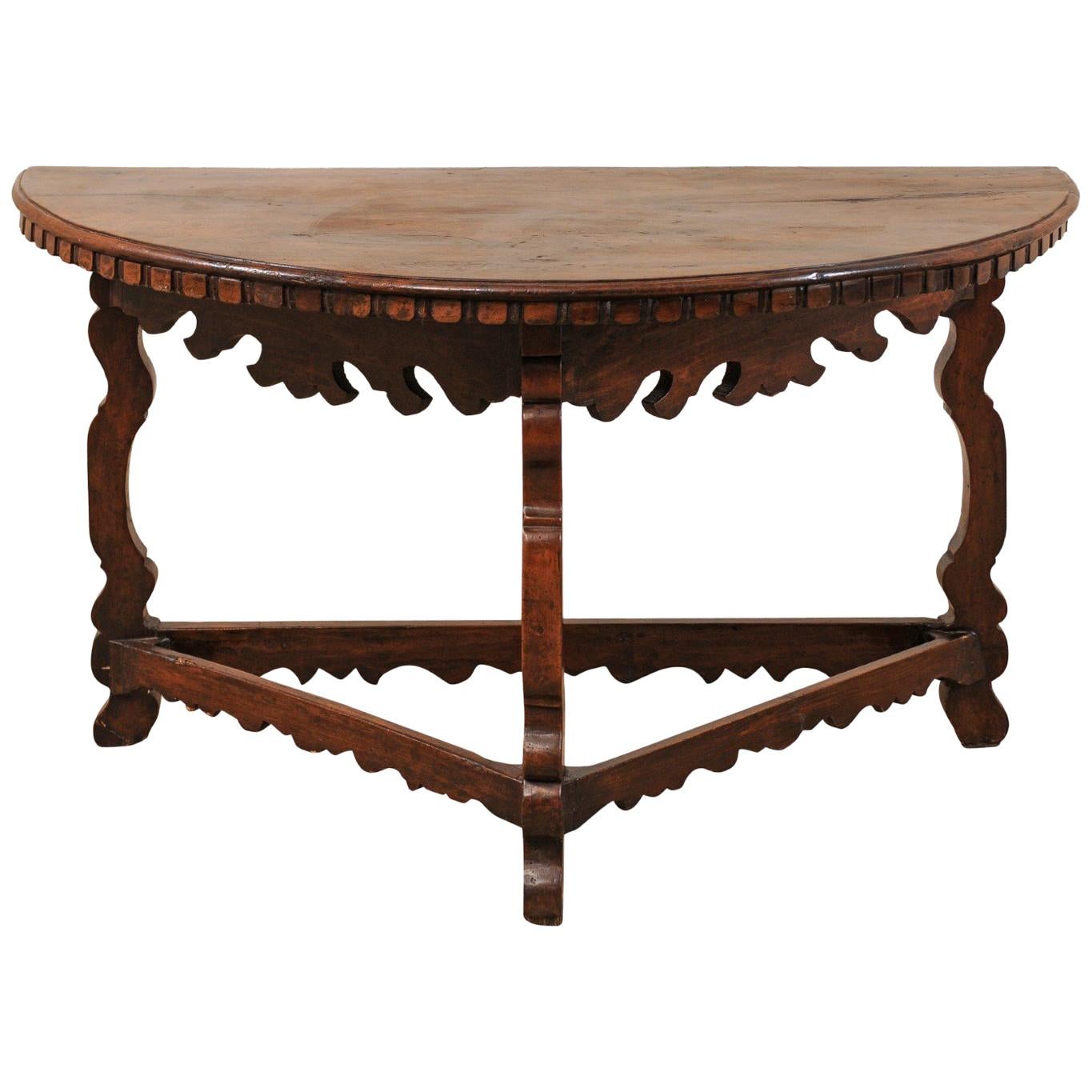 Handsome 18th Century Italian Carved Walnut Wood Demilune Table