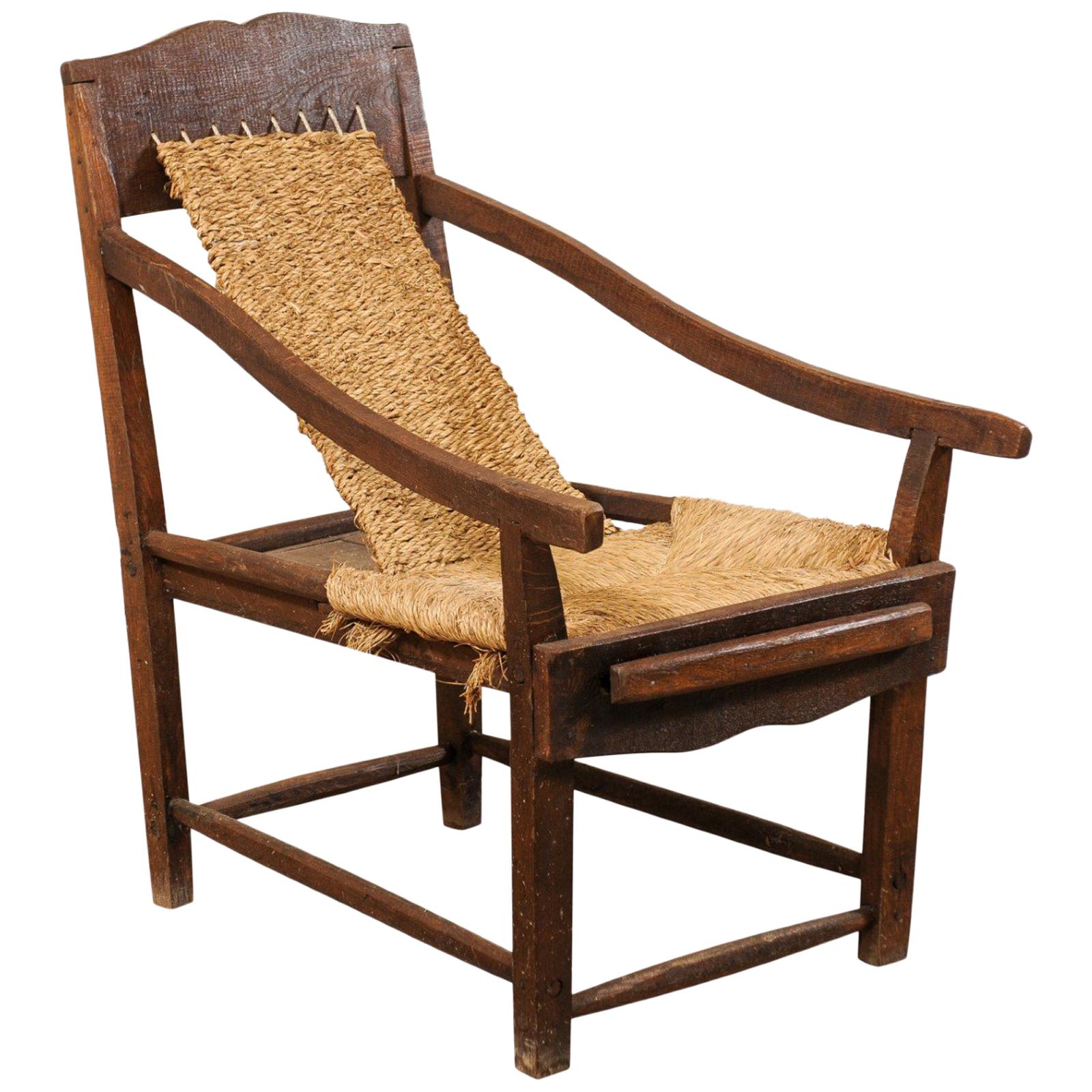 Italian Sling Lounge Chair w/ Rush Seating & Extendable Foot-Rest, Early 20th C. For Sale