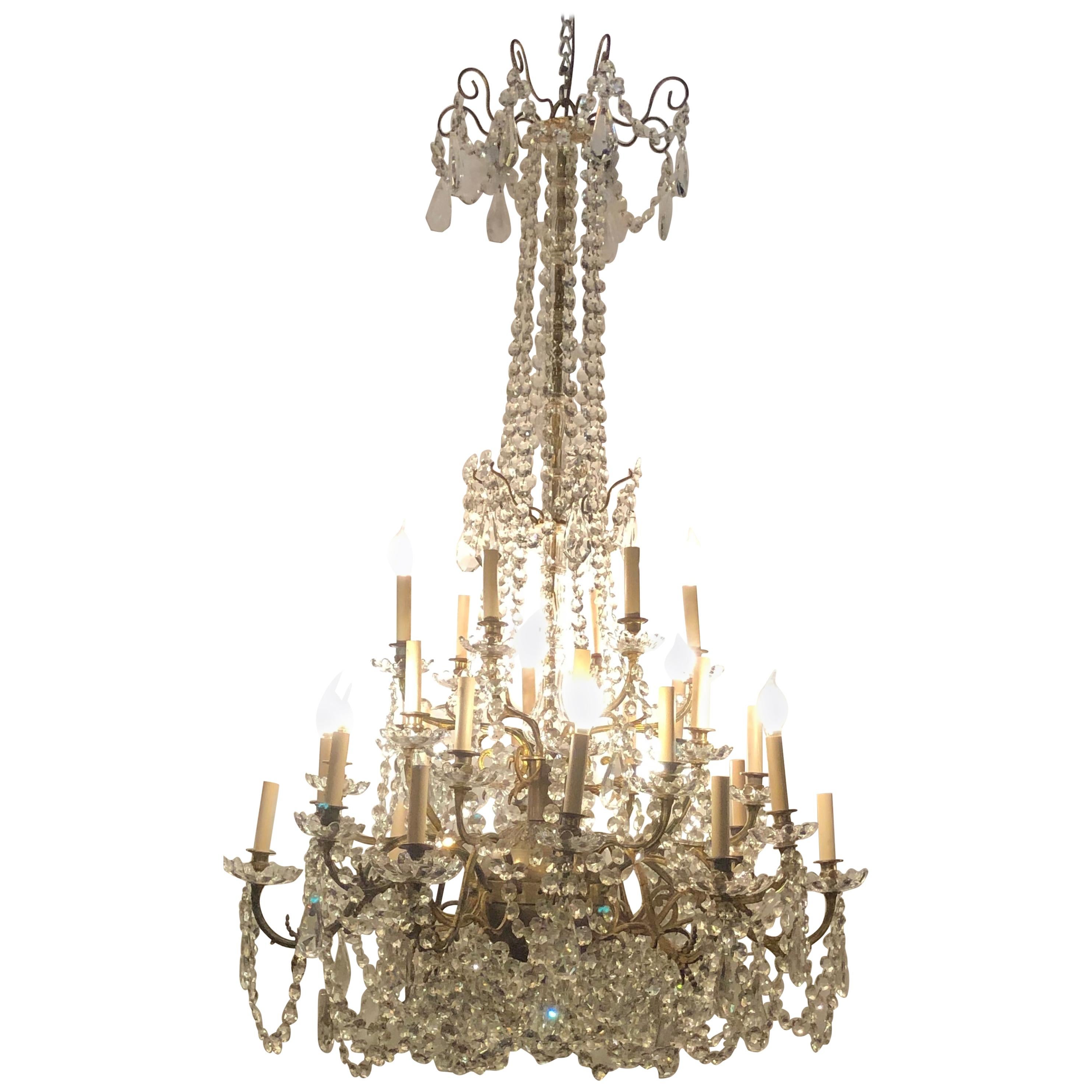 Palatial 19th-20th Century Thirty-Light Crystal and Brass Column Form Chandelier For Sale