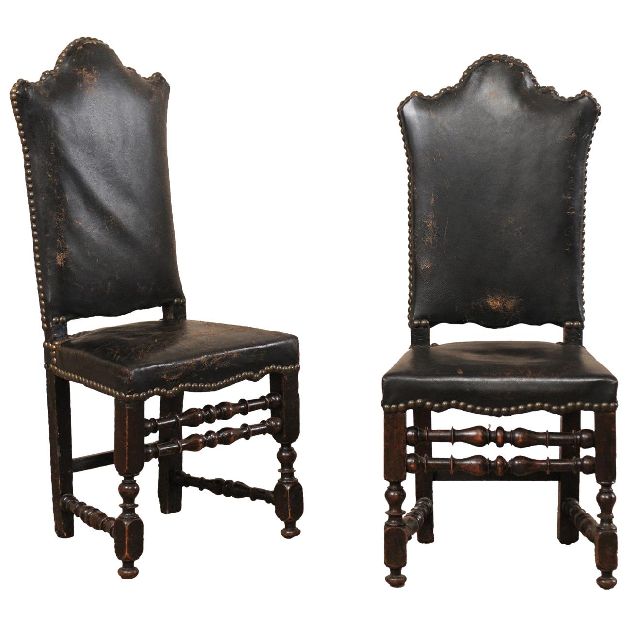 A Pair of 18th Century Italian Handsome Leather & Walnut Tall-Back Hall Chairs