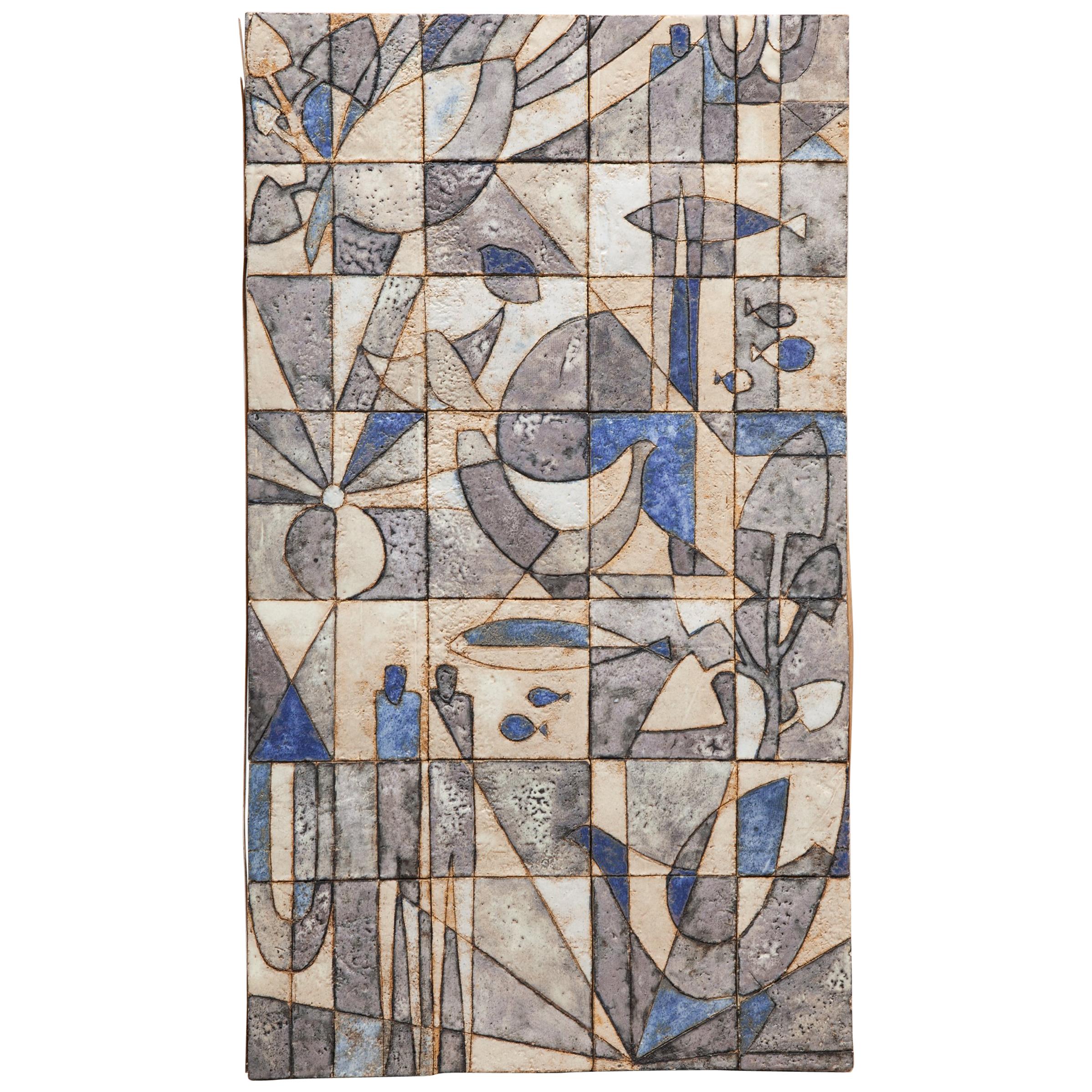 Blue Shades Glazed Ceramic Tile Panel, Belgium, 1960s