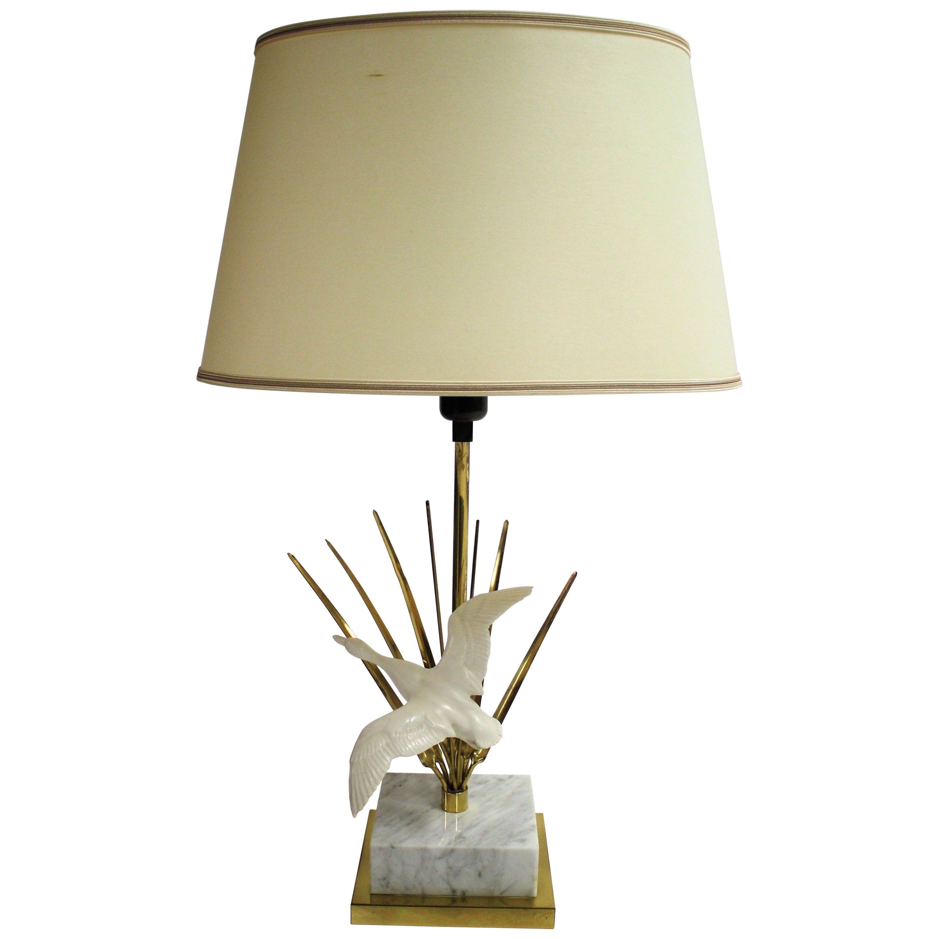 Italian White Heron Bird Table Lamp, Vintage Palm Beach Tropical Leaves