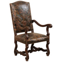 20th Century Italian Richly Carved Wood Chair with Embossed Leather