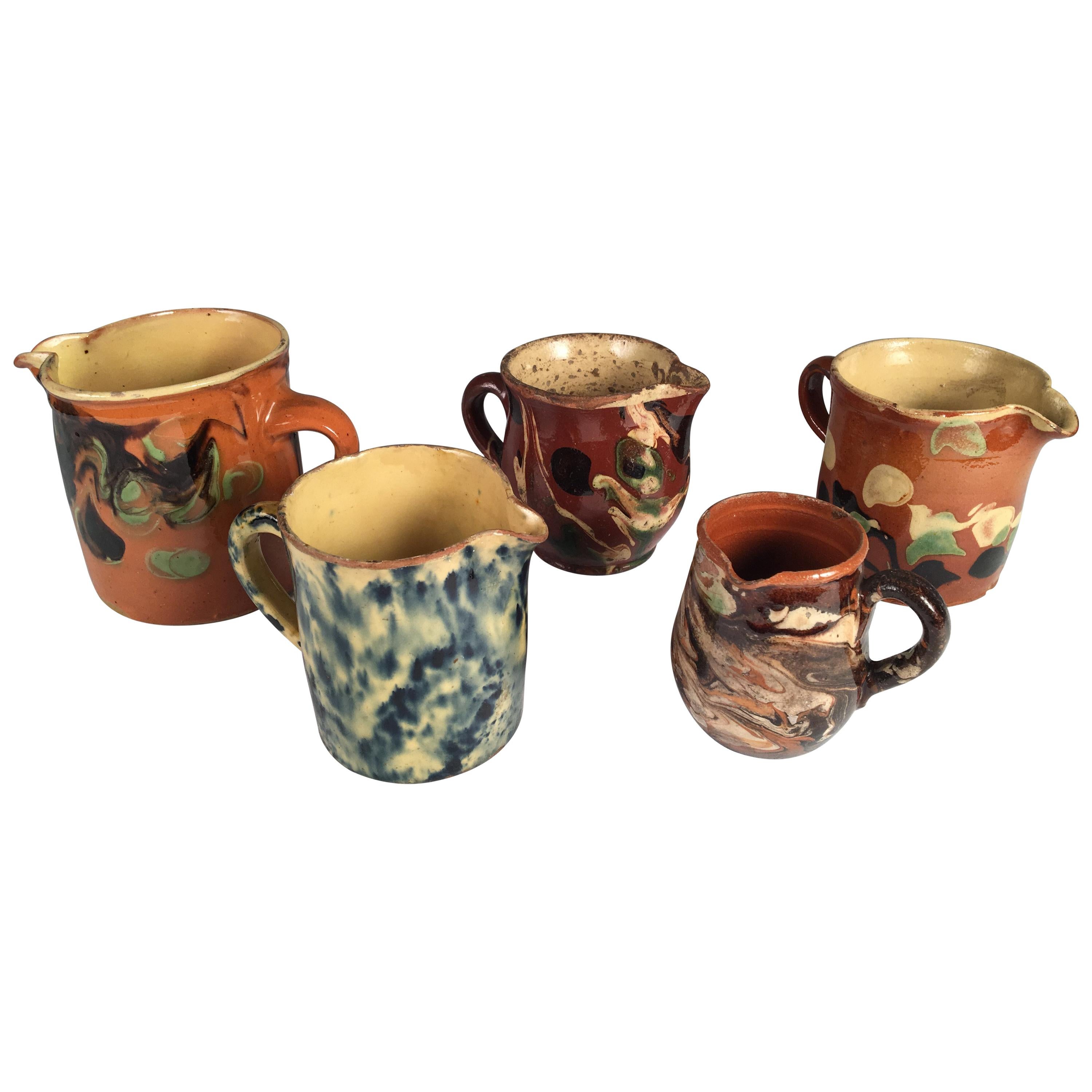 Collection of 5 Small Jaspe' Cups and Pitchers, French, 19th Century
