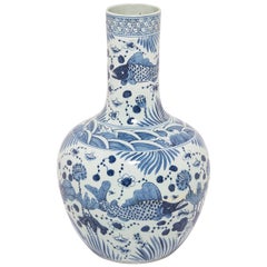 Monumental Fish and Flora Blue and White Gooseneck Vase