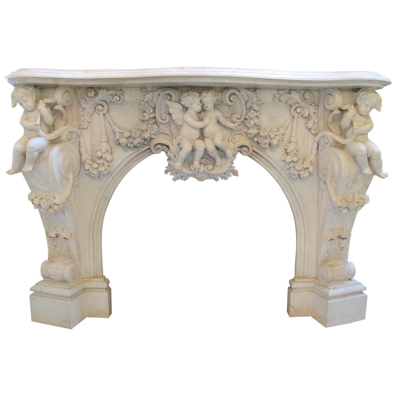 Very Important Palatial Finely Carved Italian Carrara Marble Mantel Piece