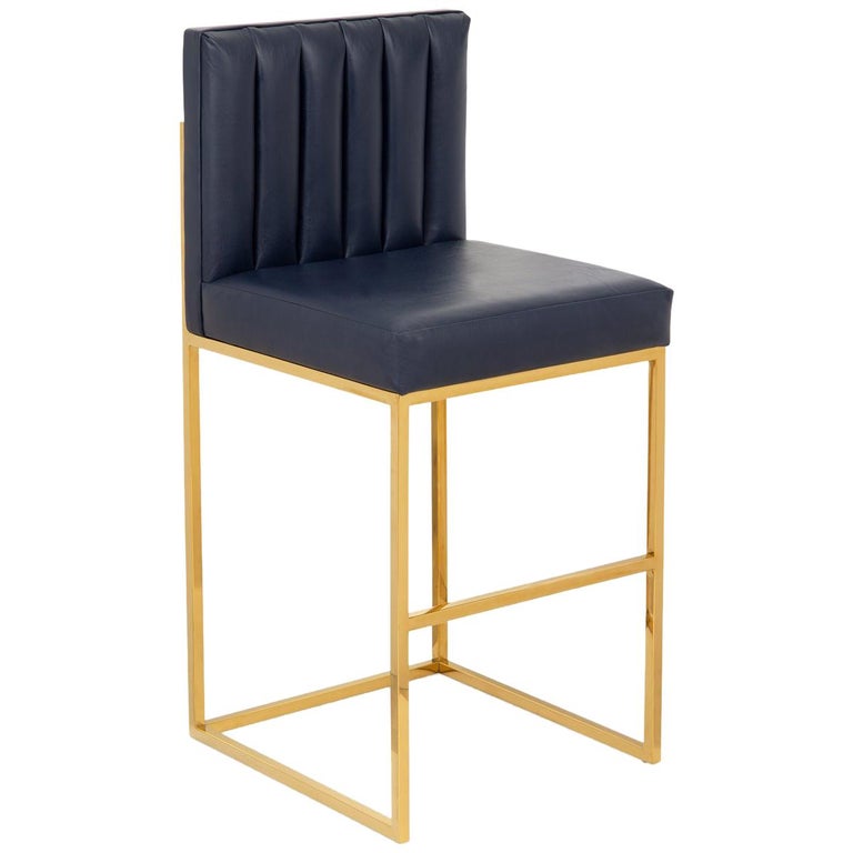 Modern Barstool in Brass and Navy Genuine Leather with Channel Tufted