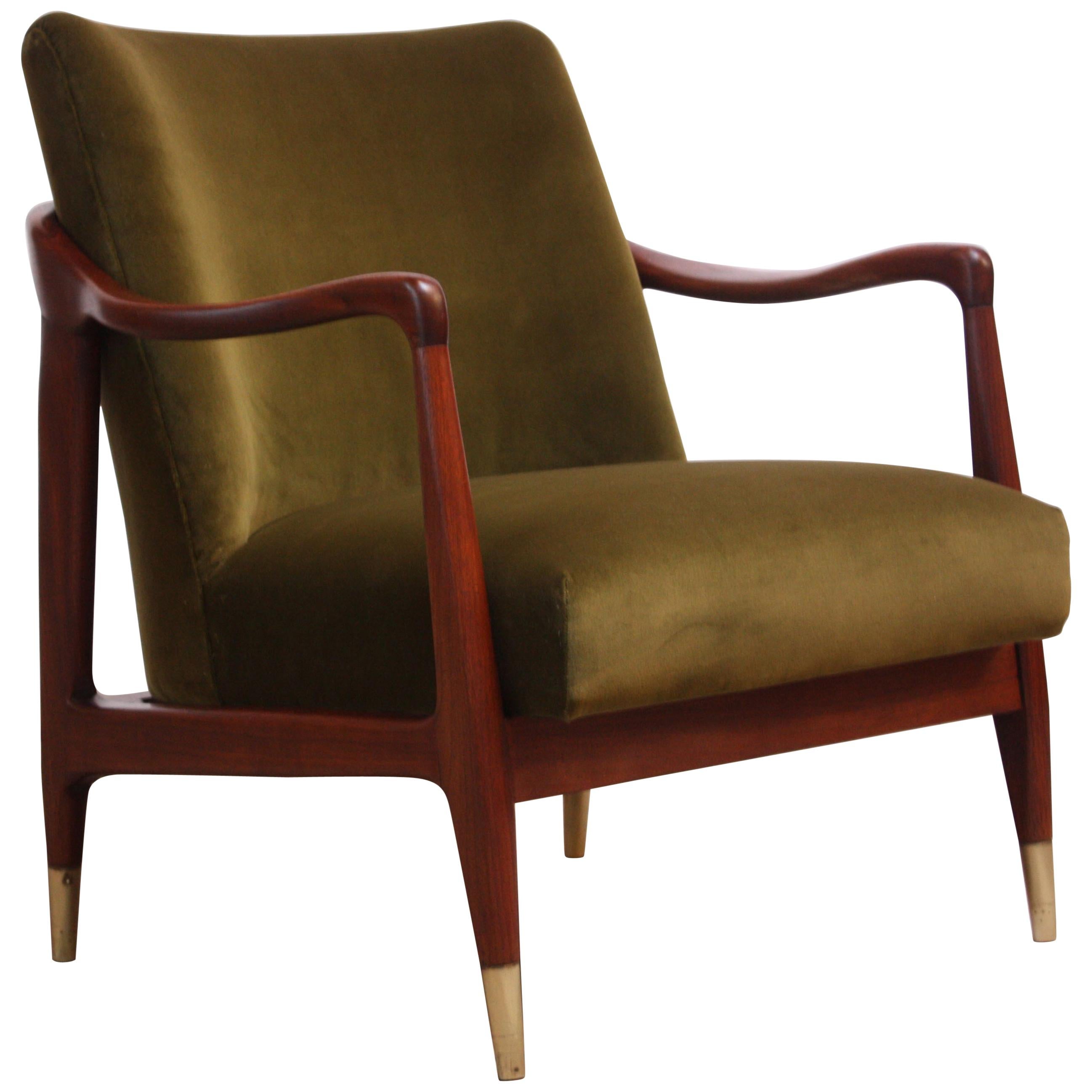 Midcentury Italian Modern Sculpted Walnut and Velvet Lounge Chair