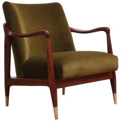 Vintage Midcentury Italian Modern Sculpted Walnut and Velvet Lounge Chair