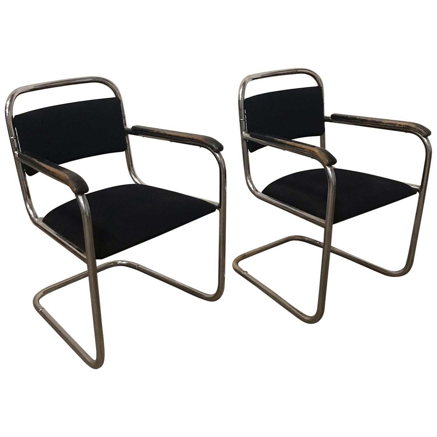 Design néerlandais, ensemble de chaises tubulaires originales avec tapisserie noire, vers 1930