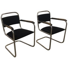 Vintage Dutch Design, Set of Original Tubular Chairs with Black Upholstery, circa 1930