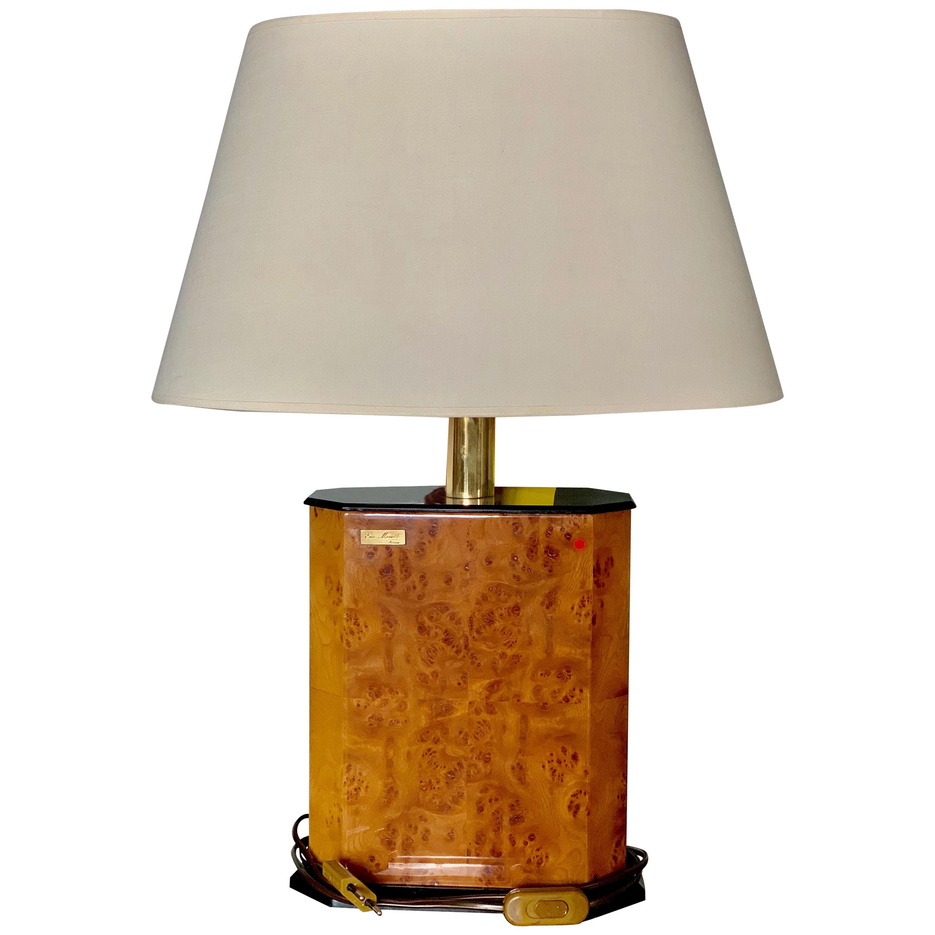 French Walnut Lamp with Brass Hardware and an Oval Shade, circa 1970