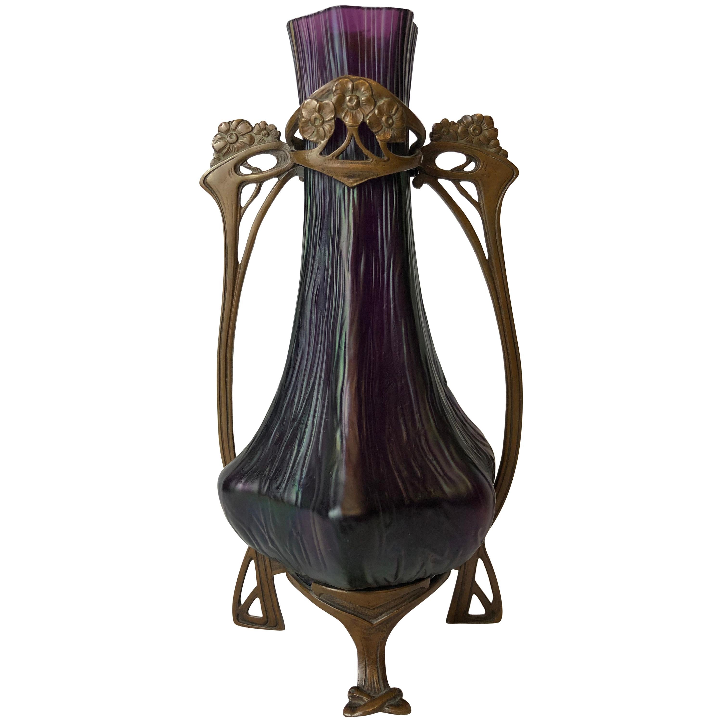 Austrian Loetz Art Nouveau Glass Vase on Bronze Stand For Sale