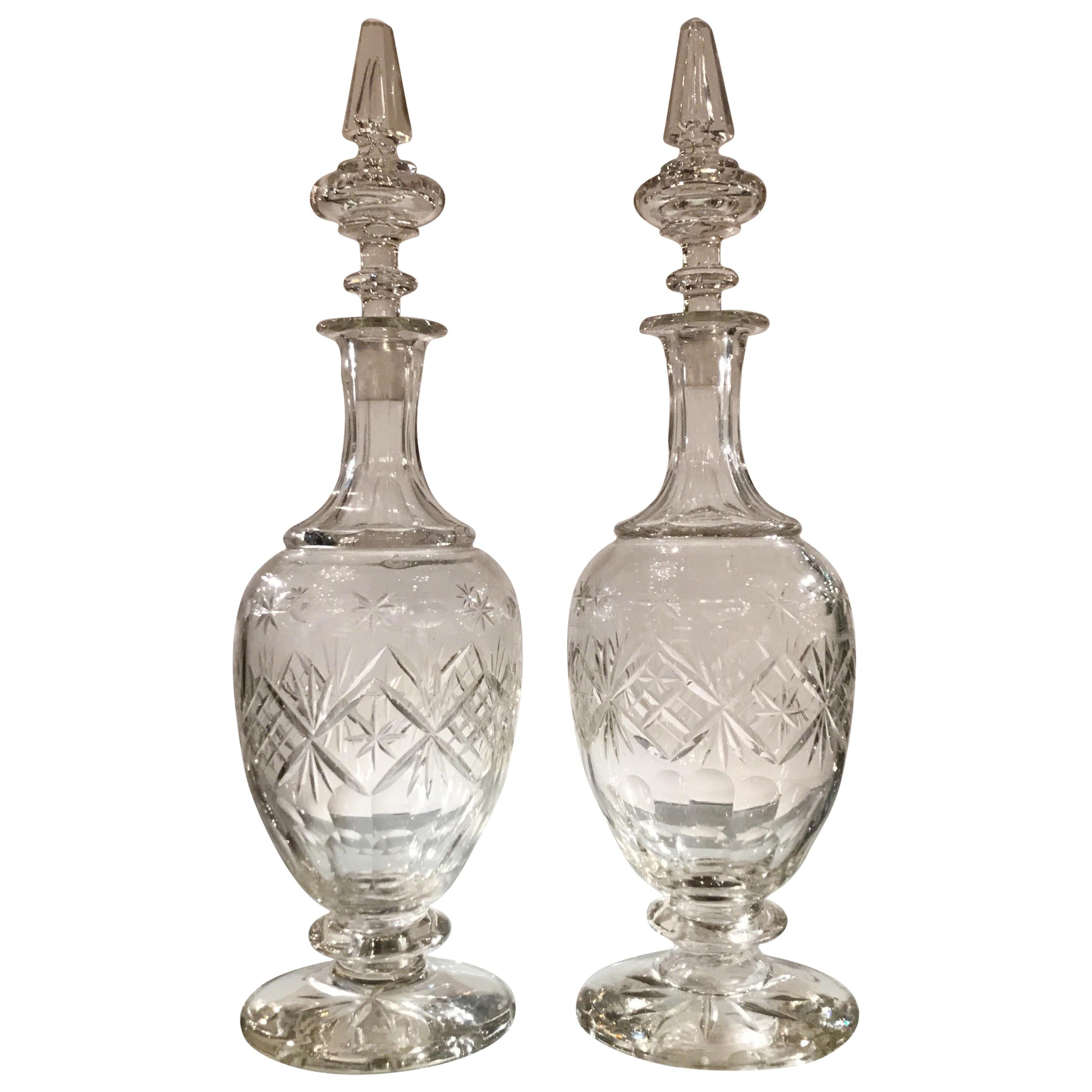 Elegant Pair of 19th Century European Cut Glass Claret Decanters For Sale