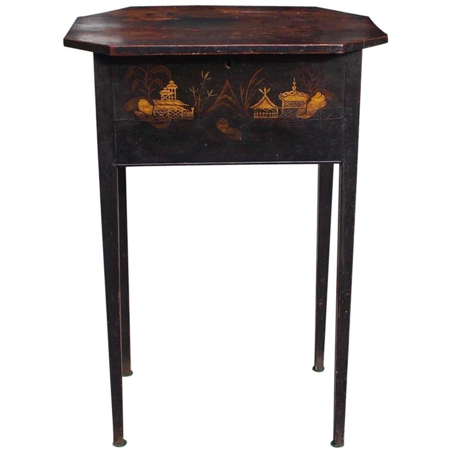 English Japanned and Painted Landscape Hinged One Drawer Stand, Circa 1815