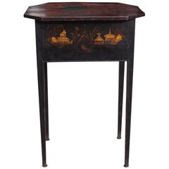 English Japanned and Painted Landscape Hinged One Drawer Stand, Circa 1815