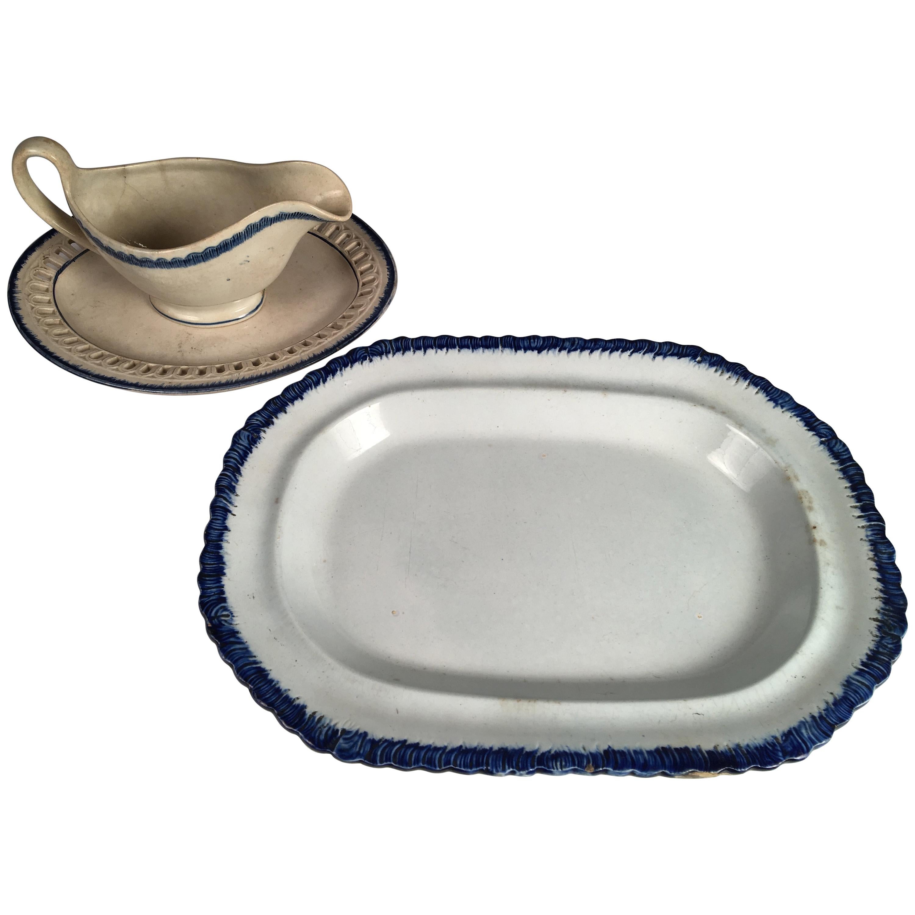 Blue Feather-Ware Platter and Gravy Boat, 19th Century