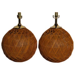 Pair of 1970s Wicker and Brass Table Lamps