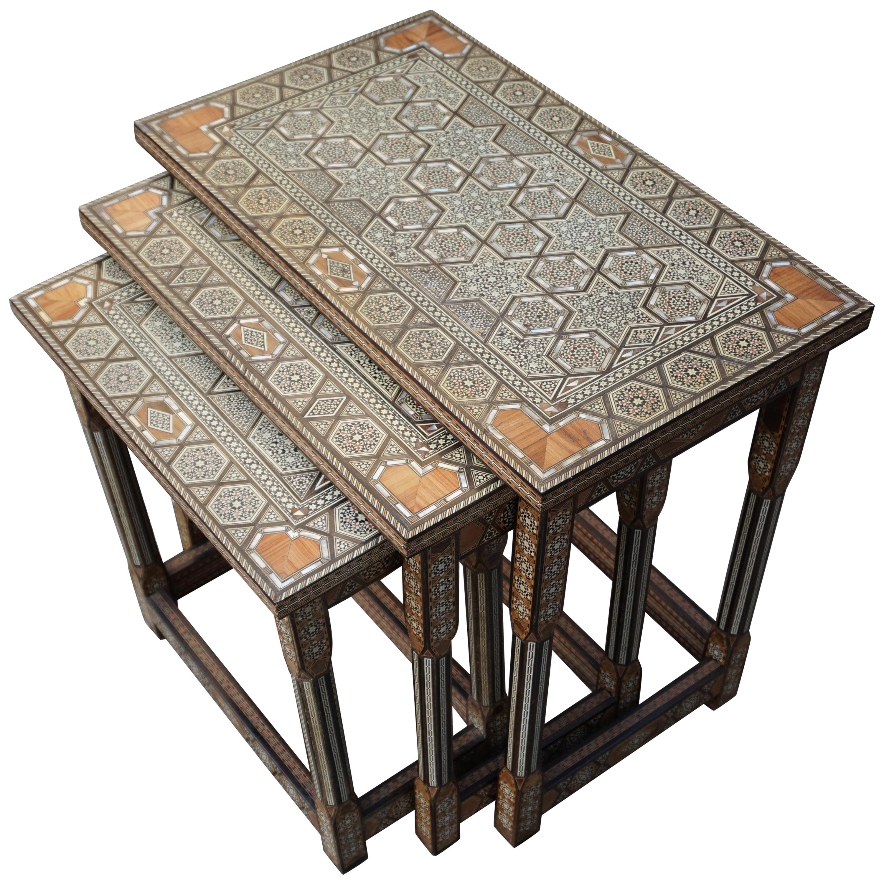 Vintage Handcrafted Moorish Nest of Tables with Amazing Number of Inlaid Motifs