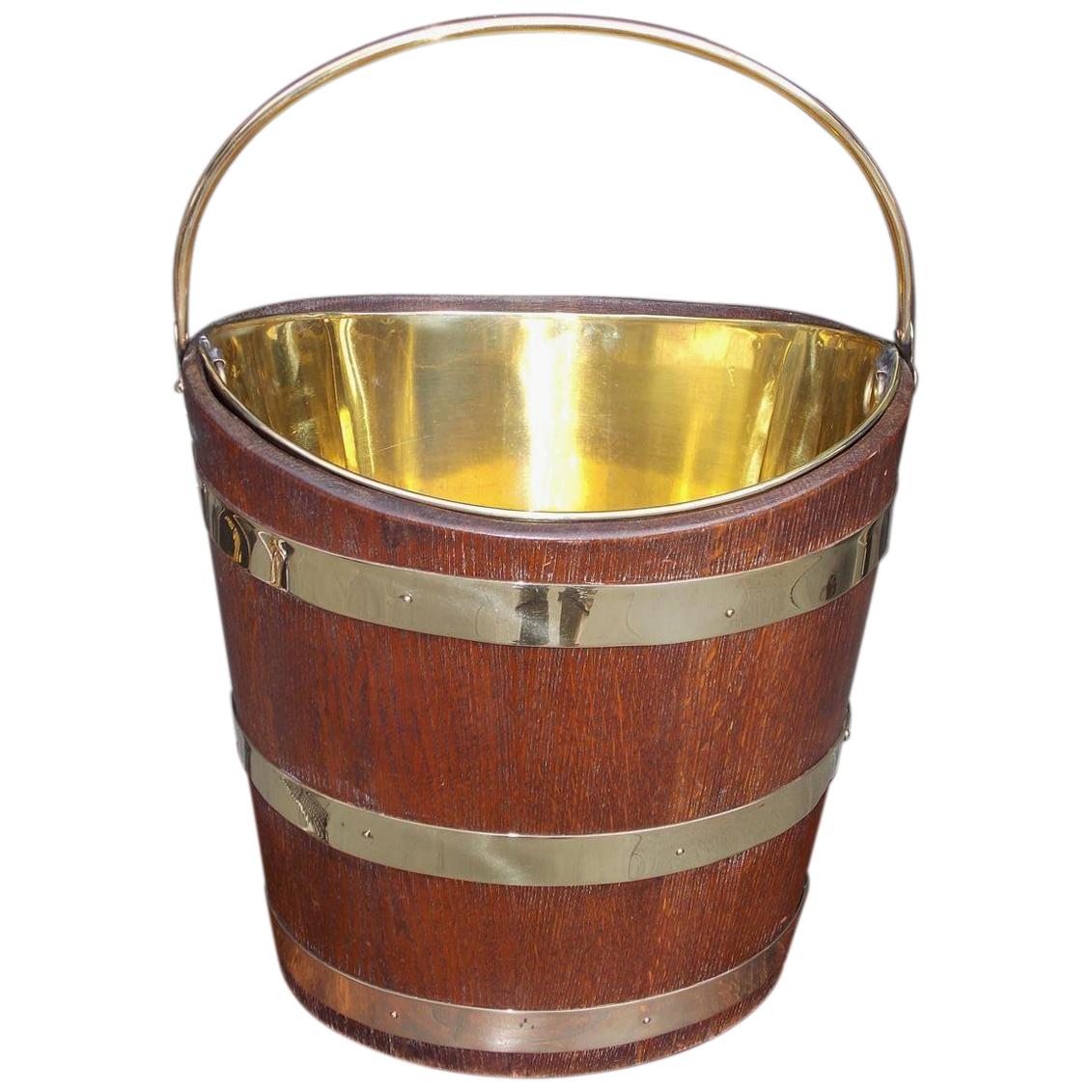 English Navette Form Oak Brass Banded and Lined Peat Bucket, Circa 1820
