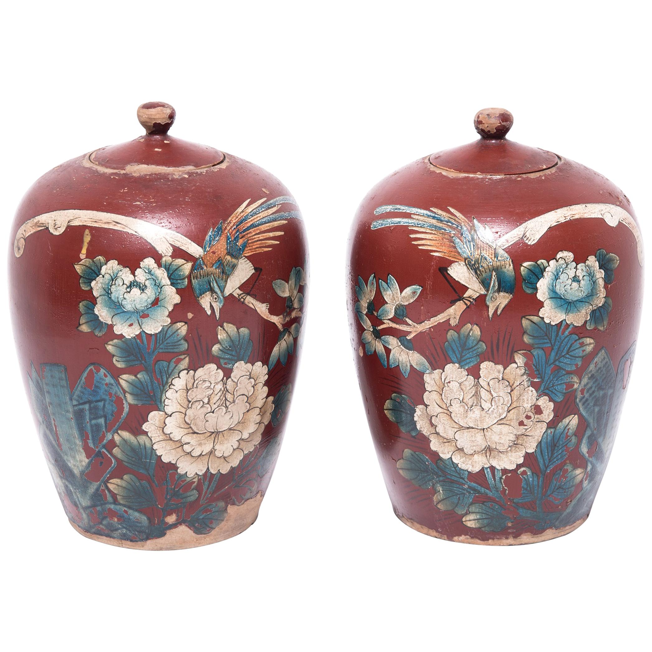 Pair of Chinese Painted Oxblood Jars with Phoenix & Peonies