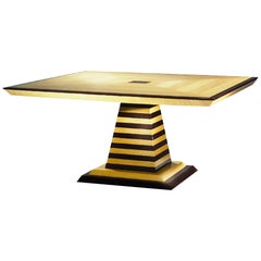 Brueton Egypt Table à manger carrée années 1990 Post-Modern Sycamore Wenge Stripe Burl